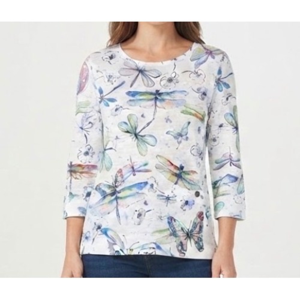 Ali Miles Dragonfly Butterfly Slub Net 3/4 Sleeve Top White PM